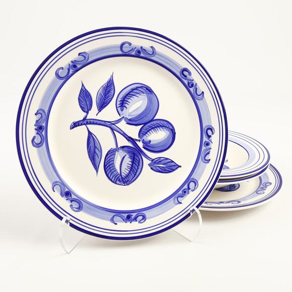 Lillian Vernon Hand Painted Ceramic 10.5" Plates & 9" Bowls Blue White Fruit - Picture 1 of 11